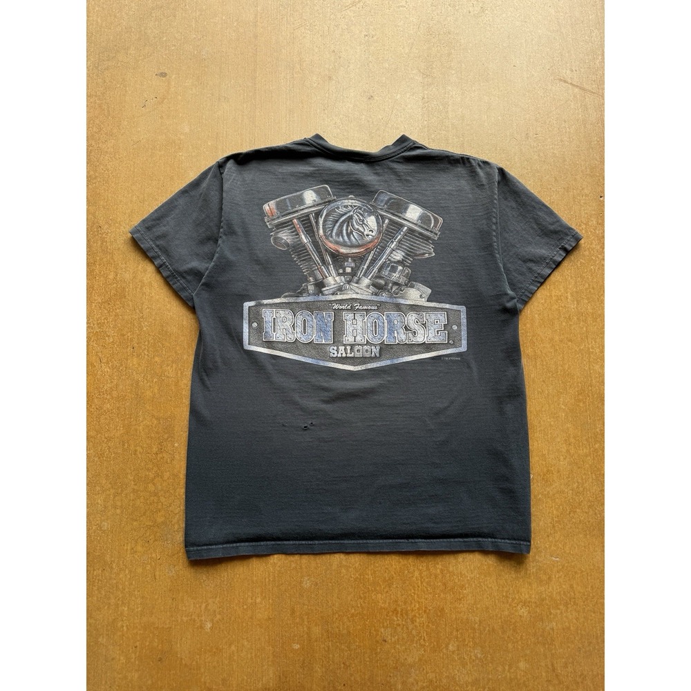 VTG 2000 Faded Black Iron Horse Saloon Biker Engine Skater Pocket T-Shirt Y2K L